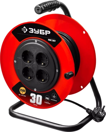 Удлинитель на катушке &quot;ПВС 307&quot;, 30 м, 2500 Вт, 4 гнезда, ПВС 3х0,75 кв мм, ЗУБР 55083-30 купить в Ханты-Мансийске