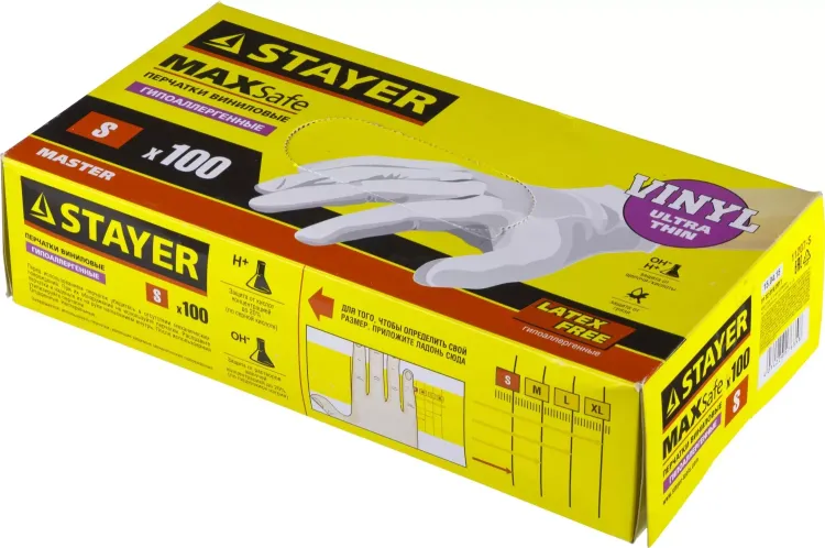 Перчатки STAYER "MASTER" виниловые экстратонкие, S, 100шт 11207-S купить в Ханты-Мансийске