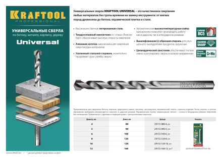 Сверло "UNIVERSAL" по бетону, металлу, дереву, KRAFTOOL PROFESSIONAL 29172-100-6, 6 х 100 мм 29172-100-6_z01 купить в Ханты-Мансийске