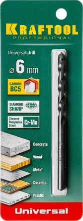 Сверло "UNIVERSAL" по бетону, металлу, дереву, KRAFTOOL PROFESSIONAL 29172-100-6, 6 х 100 мм 29172-100-6_z01 купить в Ханты-Мансийске