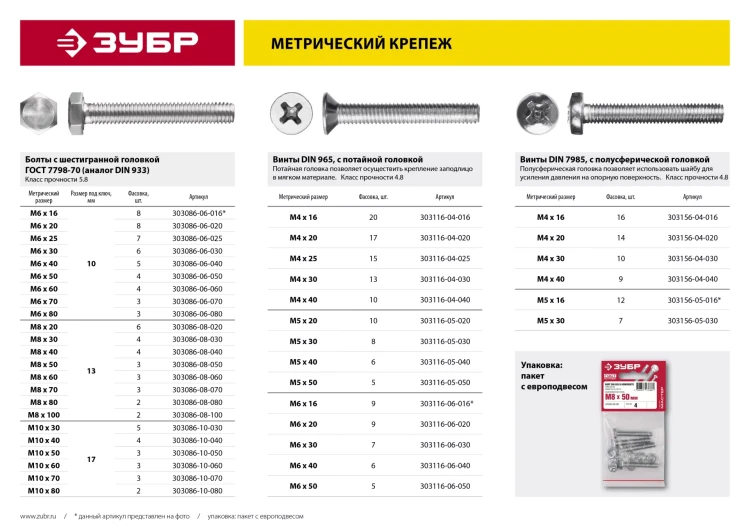 Болт ГОСТ 7798-70, M8 x 30 мм, 4 шт, кл. пр. 5.8, оцинкованный, ЗУБР 303086-08-030 купить в Ханты-Мансийске