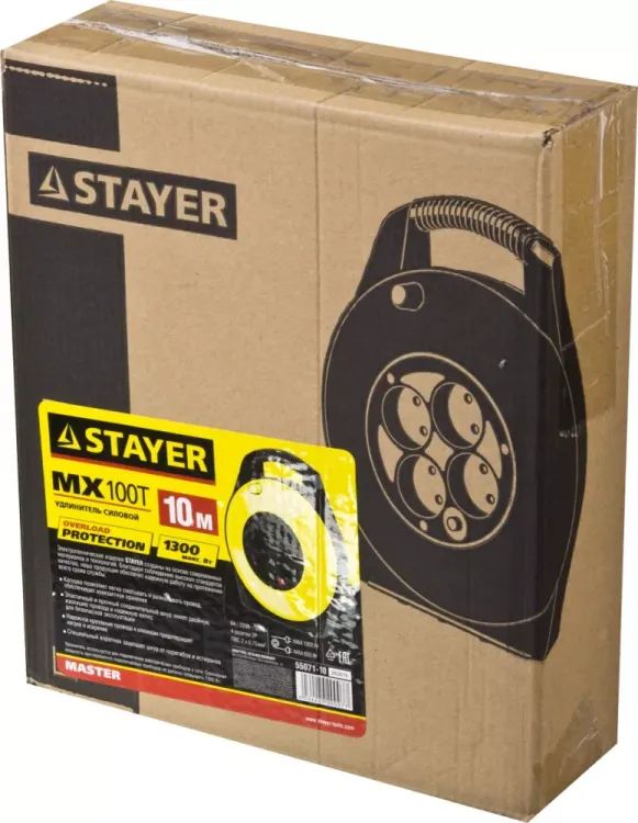 Удлинитель на катушке "MX100T", 10 м, 4 гнезда, ПВС 2x0,75 кв мм, 1300 Вт, STAYER 55071-10 купить в Ханты-Мансийске