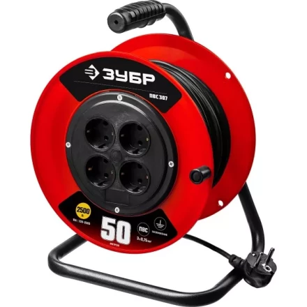 Удлинитель на катушке &quot;ПВС 307&quot;, 50 м, 2500 Вт, 4 гнезда, ПВС 3х0,75 кв мм, ЗУБР 55083-50 купить в Ханты-Мансийске