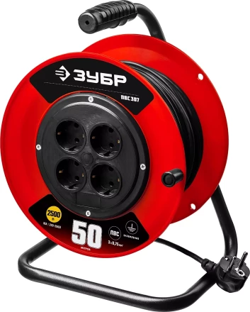 Удлинитель на катушке &quot;ПВС 307&quot;, 50 м, 2500 Вт, 4 гнезда, ПВС 3х0,75 кв мм, ЗУБР 55083-50 купить в Ханты-Мансийске