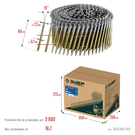 ЗУБР CNW 80 х 3.1 мм, барабанные гвозди рифленые оцинкованные, 3600 шт (305383-80) купить в Ханты-Мансийске